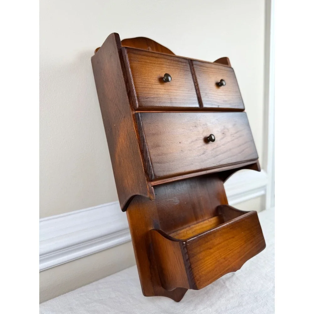 Vintage Rustic Wood Wall Mounted Organizer 3 Drawer Apothecary Chest Cottagecore